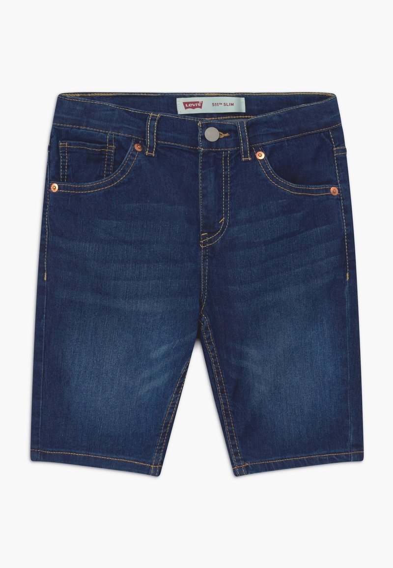 Shorts in denim blu scuro con vestibilità slim, dotati di cinque tasche, bottoni in rame e cuciture gialle a contrasto.