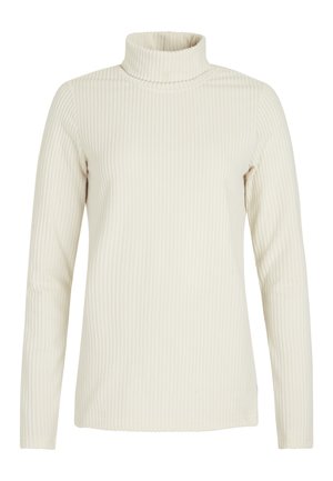 Long-sleeve turtleneck top in soft, ribbed texture, featuring a cream color and fitted design for a snug fit.