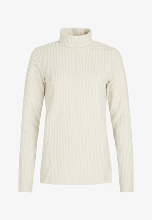 Top de manga larga con cuello alto en textura suave y acanalada, que presenta un color crema y un diseño ajustado para un calce ceñido.