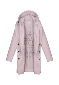 Cappotto rosa chiaro con cappuccio, caratterizzato da una chiusura a bottoni, maniche lunghe e un interno decorato con motivi floreali e di farfalle.