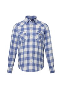Blaue und weiße karierte Langarmbluse mit Button-Down-Kragen, zwei Brusttaschen und abgerundetem Saum; aus strukturiertem Stoff.
