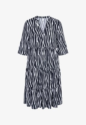 Zwart-witte zebraprint jurk tot op de knie met V-hals, driekwart wijde mouwen en een rok met laagjes ruches.