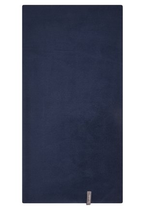 Dark blue rectangular towel with a small gray tag labeled "Stradale" at the bottom edge, plain textured fabric.