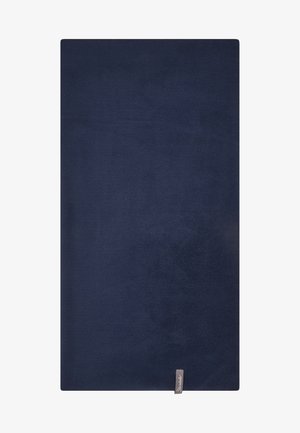 Dark blue rectangular towel with a small gray tag labeled "Stradale" at the bottom edge, plain textured fabric.
