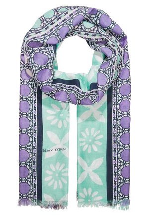 Écharpe aqua claire avec motifs floraux blancs, bordures bleu marine et motifs circulaires violets le long des bords, avec des extrémités subtilement frangées.