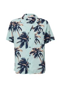 Korte mouwen, knoopsluiting overhemd in lichtblauw met een palmbomenpatroon in donker marineblauw en perzik. Voorzien van één borstzak.