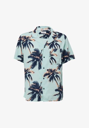 Koszula z krótkim rękawem, zapinana na guziki, w jasnoniebieskim kolorze z wzorem palm w ciemnym granacie i brzoskwini. Posiada jedną kieszeń na piersi.