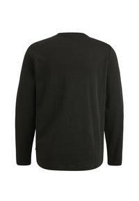 Langarmshirt in Schwarz, aus weichem Stoff gefertigt, mit rundem Ausschnitt und geradem Schnitt, minimaler Nahtdetails auf der Rückseite.