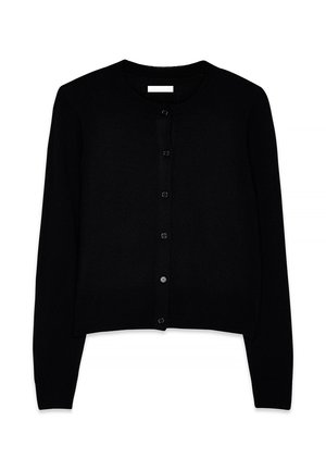 Zwarte, gebreide cardi met lange mouwen, ronde hals, knoopsluiting en geribbelde zoom. Glad textuur met zes zwarte knopen en geen patronen.