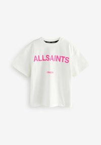 Balta medvilnės T-shirt marškinėliai su ryškiu rožiniu tekstu "ALLSAINTS" priekyje, su mažesniu tekstu "LONDON" apačioje. Trumpi rankoviai, laisvas kirpimas.