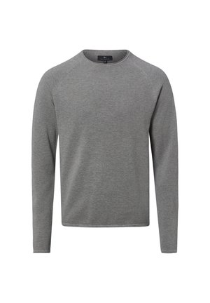 Pull gris en maille à manches longues avec col rond et design simple, présenté sur fond blanc sans modèle.