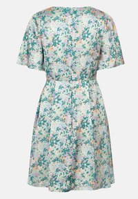 Blumenkleid mit kurzen, schwingenden Ärmeln, hellblauer Hintergrund, mit pastellfarbenen Blättern und Blüten sowie einem Reißverschluss auf der Rückseite.