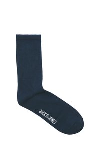 Marineblauwe katoenen sok met geribbelde textuur, voorzien van een versterkte teen en hiel, met het logo "JACK & JONES" in het wit aan de zijkant.