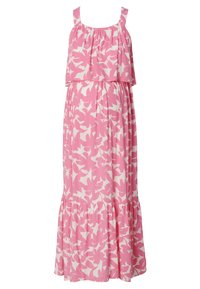 Robe sans manches rose avec un design en couches, ornée d'un motif d'oiseaux blancs, avec un bas évasé et une texture froncée au niveau de la poitrine et de la taille.
