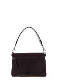 Sac à main en cuir bordeaux avec une finition texturée, doté d'une poignée supérieure, d'une poche avant zippée et d'une marque discrète sur le bas à l'avant.