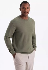 Maglione verde oliva con texture, collo rotondo e polsini a costine, abbinato a pantaloni chiari, progettato per un taglio casual.