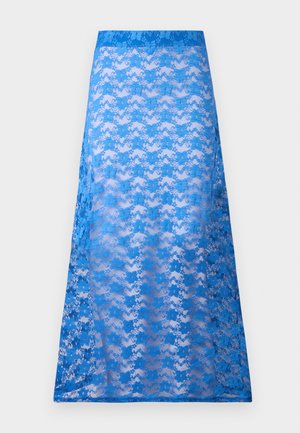 Modrá krajková maxi sukně s průhlednou texturou, zdobená květinovým vzorem a pevným modrým pasem. Jemně splývá od boků až po lem.