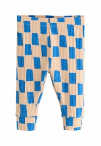 Csíkozott leggings bézs szövetből, kék téglalap mintával. Az alja légies ujjakkal van ellátva, hogy szoros illeszkedést biztosítson.