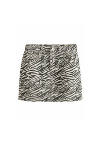 Jupe en denim à motif zèbre en beige et noir, avec une coupe ajustée, des poches avant et un bouton de fermeture à la taille.
