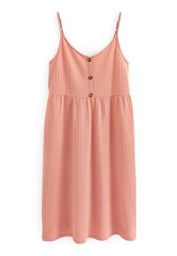 Light pink sleeveless dress with a textured pattern, featuring a button detail down the front and a flared skirt.