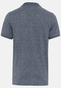 Granatowa koszulka polo, krótki rękaw, teksturowany materiał z melanżowym wzorem, klasyczny kołnierzyk oraz prosty dół, zaprojektowana do noszenia na co dzień.