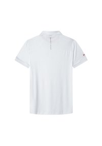Weißes Poloshirt mit kurzen Ärmeln und Kragen. Auf der Rückseite befindet sich ein in Rot gedrucktes "HACKETT SPORT"-Logo sowie eine glatte Stoffoberfläche.