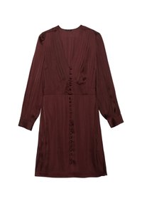 Robe en satin bordeaux à manches longues, décolleté en V profond et fermeture à boutons. Design drapé avec tissu texturé et détails légèrement froncés.