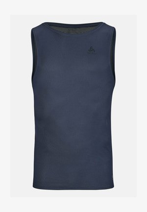 Marineblaues ärmelloses Sport-Tanktop aus atmungsaktivem Mesh-Gewebe, mit Rundhalsausschnitt und einem dezenten Logo auf der Brust.