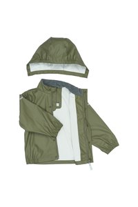 Wasserabweisende olivgrüne Jacke mit abnehmbarem Kapuze, elastischen Bündchen, grauem Innenfutter und knöpfbarem Frontverschluss.