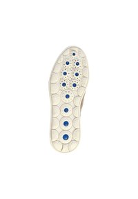 Suola di scarpa con una base in gomma bianca, caratterizzata da indentazioni circolari e accenti blu al centro dei cerchi per migliorare la presa e il design.