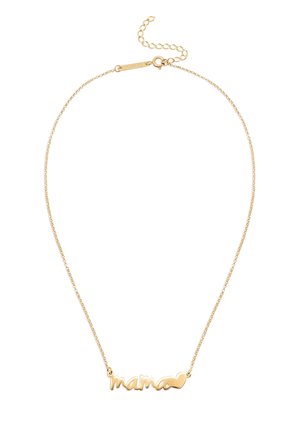 Collar de cadena dorada con colgante de la palabra "mama" en estilo de escritura y un corazón en el extremo, con cierre ajustable.