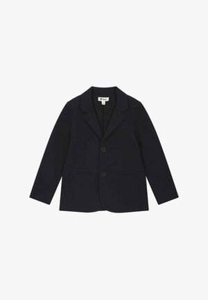 Blazer marine en tissu doux, avec un col cranté, deux poches avant et deux boutons pour la fermeture. Texture lisse et coupe ajustée.