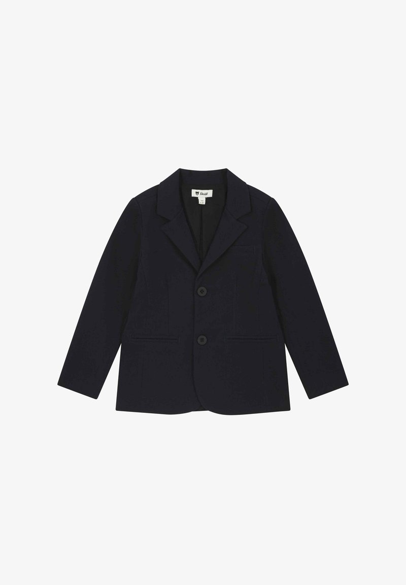 Blazer marine en tissu doux, avec un col cranté, deux poches avant et deux boutons pour la fermeture. Texture lisse et coupe ajustée.