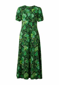 Kortärmad midiklänning i grön tyg med ett livfullt blommönster i olika nyanser av grönt, vitt och svarta accenter.