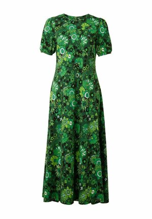Kortærmet midi kjole i grøn stof med et levende blomsterprint i forskellige nuancer af grøn, hvid og sorte accenter.