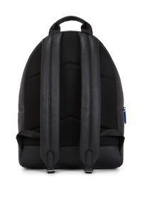 Black backpack with a rounded shape, made of smooth and mesh materials, featuring padded straps and a zip pocket with a blue pull tab.