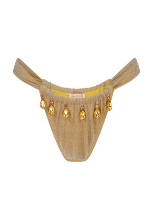 Gouden glinsterende bikini onderkant met een geraffineerde tailleband, gele voering en vijf gouden druppeljuwelen aan de voorkant. Verstelbare zijkanten.