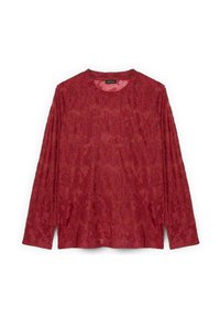 Rotes langärmliges Oberteil aus Spitze mit floralem Muster. Rundhalsausschnitt und seitliche Schlitze, mit strukturierter Stoffqualität und weichem Fall.