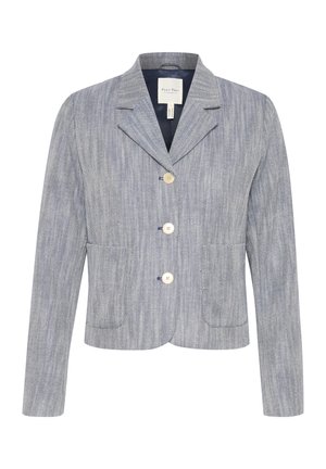 Lichtblauwe blazer van herringbone stof, met een enkelvoudige sluiting, twee voorzakken en drie knopen. Met een geknipt kraag en lange mouwen.