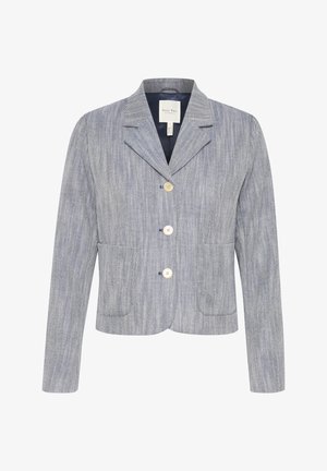 Blazer azzurro chiaro in tessuto a spina di pesce, design a un petto con due tasche frontali e tre bottoni. Collo a punte e maniche lunghe.