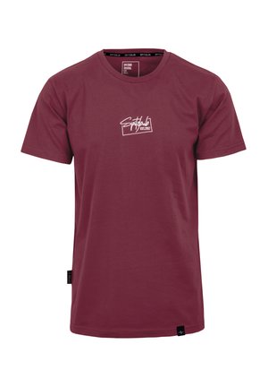 Maroon cotton T-shirt with short sleeves, featuring white "Spitdub EST 2017" logo on the chest. Simple design, crew neck, tag on the side.