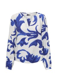 Weiße Bluse mit langen Ärmeln, die blauem Blumenmuster, einem V-Ausschnitt und strukturiertem Stoff. Sie hat elastische Bündchen und einen elastischen Saum.