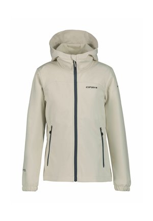 Light beige hooded softshell jacket with front zipper, zippered side pockets, and logo on the chest and left sleeve.