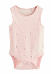 Roosa ärmusärmuseta bodi, mis on tehtud pehmest kangast, kaunistatud lille- ja haldjatrükiga, allosas kergesti riietumiseks klõpskinnitustega.