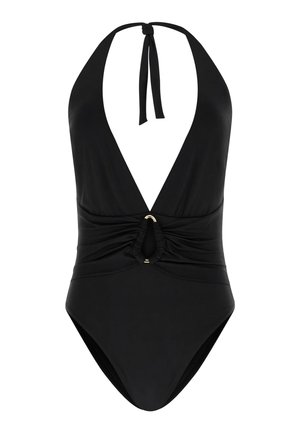 Bañador negro de una pieza con halter, escote en V pronunciado y detalle fruncido en la parte delantera con un pequeño adorno de anilla dorada.