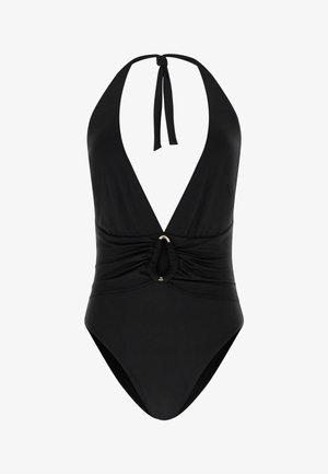 Maillot de bain une pièce noir à col halter avec un profond décolleté en V et un détail froncé à l'avant orné d'un petit anneau doré.