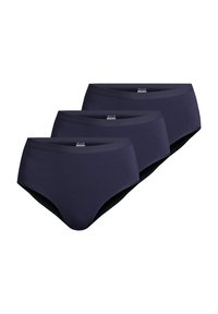 Drei Paare navyblaue Boxershorts aus weichem, dehnbarem Stoff mit einem glatten Bund und ohne sichtbare Muster oder Akzente.