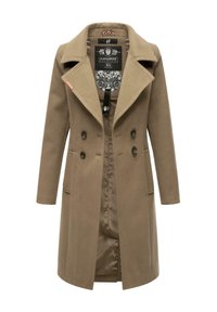 Dobbeltbrystet beige frakke med store revers, to forlommer og sorte knapper. Blødt tekstureret ydre med satinforing indeni.