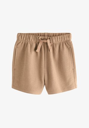 Beežid kootud lühikesed püksid elastse vöökohaga, paelaga ning küljetaskutega.