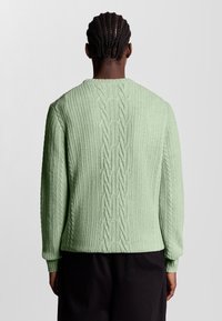 Maglione a coste verde menta con un motivo a trecce lungo il centro della schiena e maniche lunghe. Tessuto texturizzato con scollatura a girocollo.
